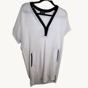 ASTR White Sheer Tunic Mini Dress Size Medium Black Edging Preppy